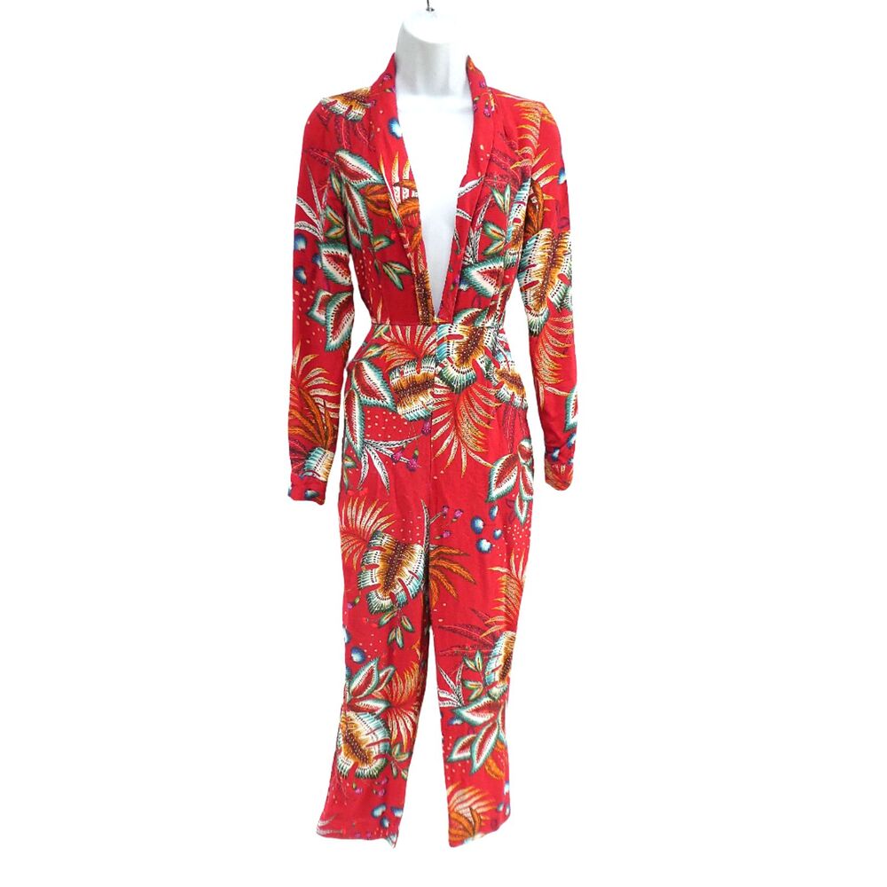 Farm Rio Red Tropical Winterleaf Jumpsuit Deep V Long Sleeve Slant Pockets M - Picture 2 of 10